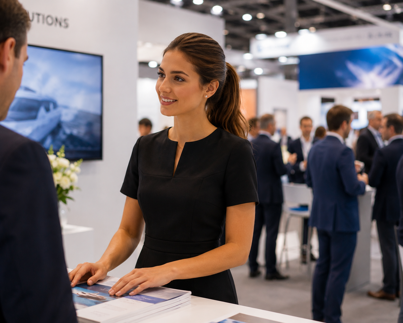 Giovane hostess professionale durante una fiera internazionale senza foulard