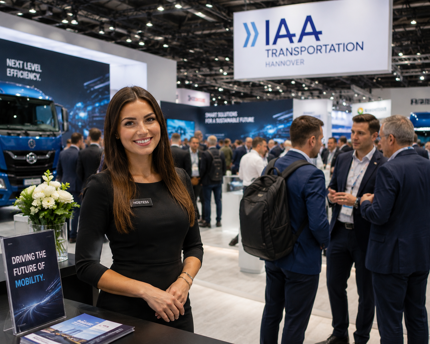 Hostess at busy trade fair event in Germany