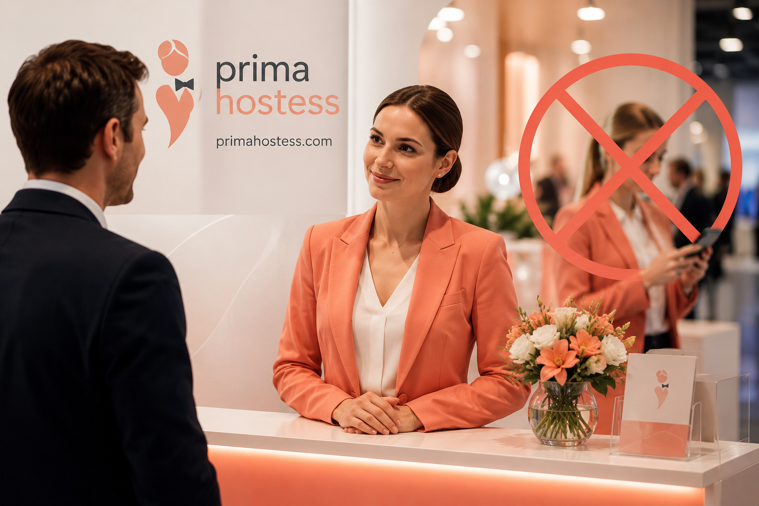 Hostess professionale accoglie un visitatore senza utilizzare lo smartphone durante una fiera