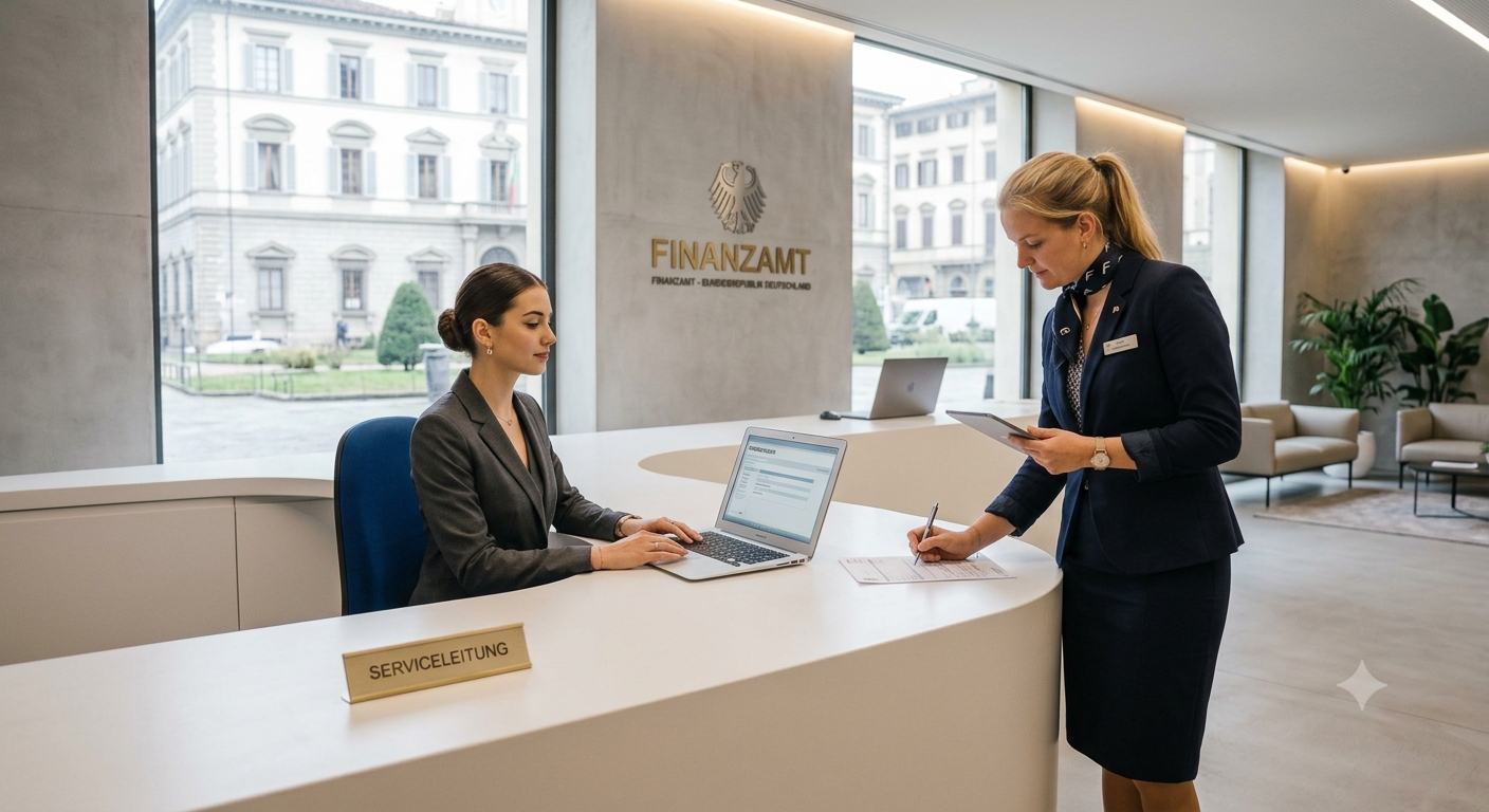 Giovane hostess freelance al computer mentre registra la propria attività in Germania