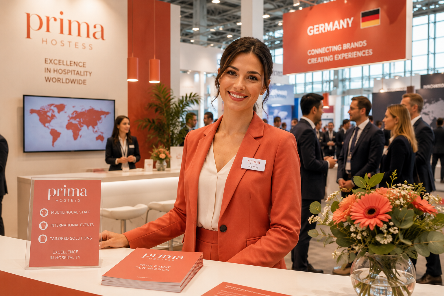 Professional multilingual hostess welcoming international visitors at a trade fair booth in Germany