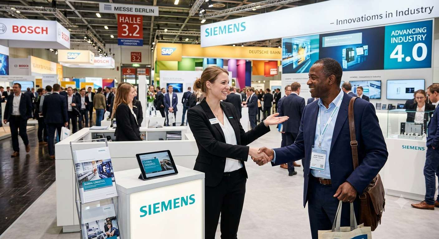 Professional trade fair hostess welcoming an international business visitor at an exhibition booth in Germany