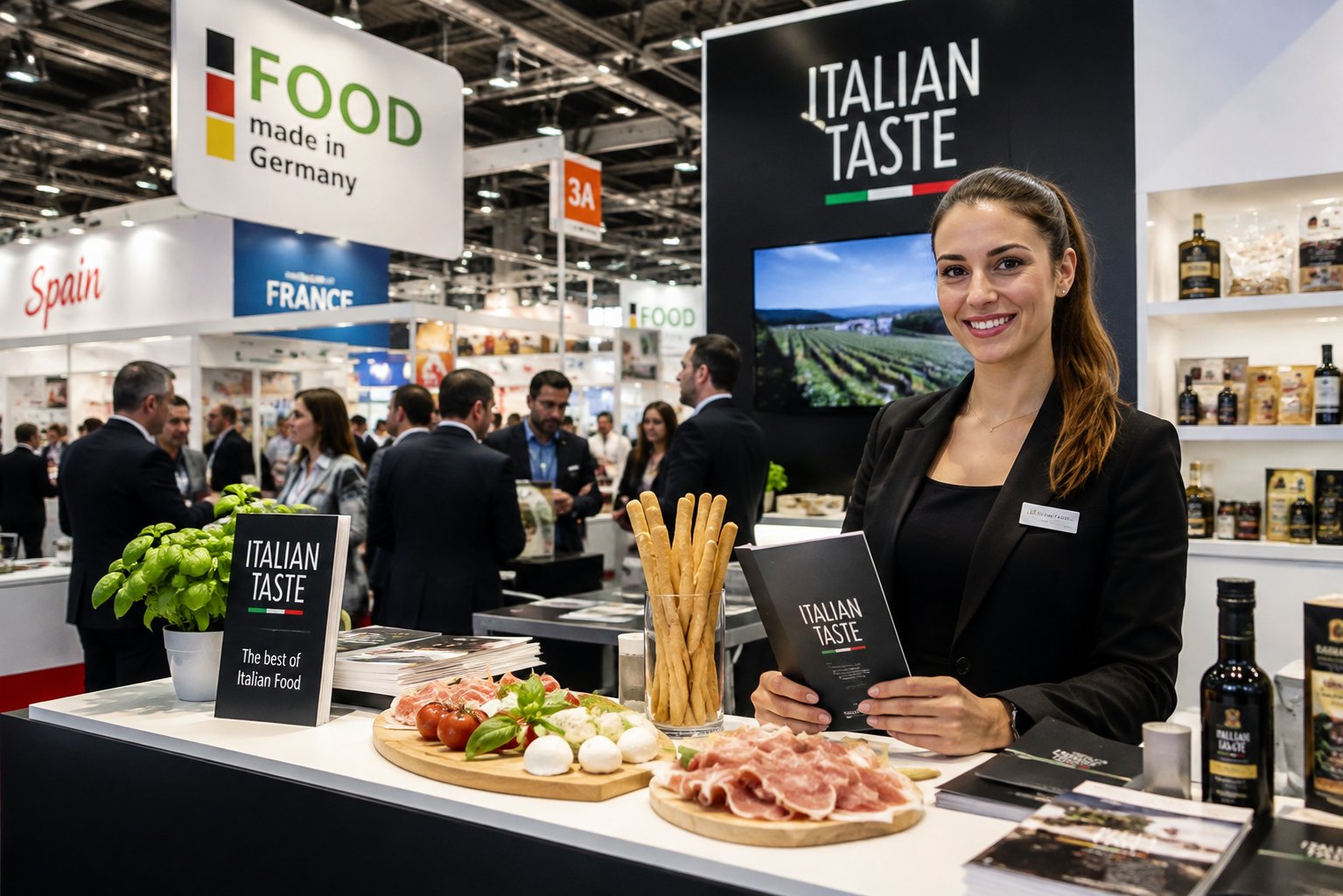 Fiera alimentare in Germania con espositori internazionali e hostess professionale allo stand