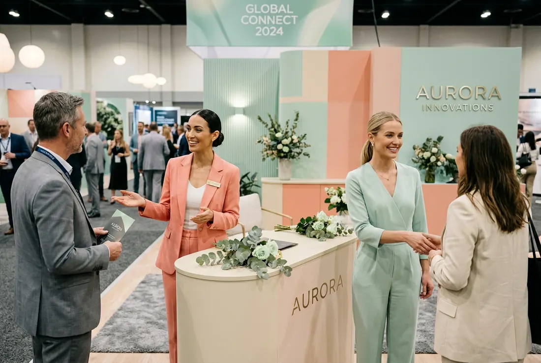 Two Prima Hostess hostesses welcoming guests at an exhibition booth
