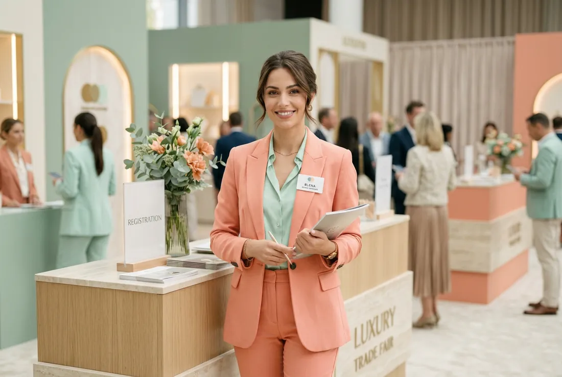 Elegant Prima Hostess professional welcoming guests at a trade fair