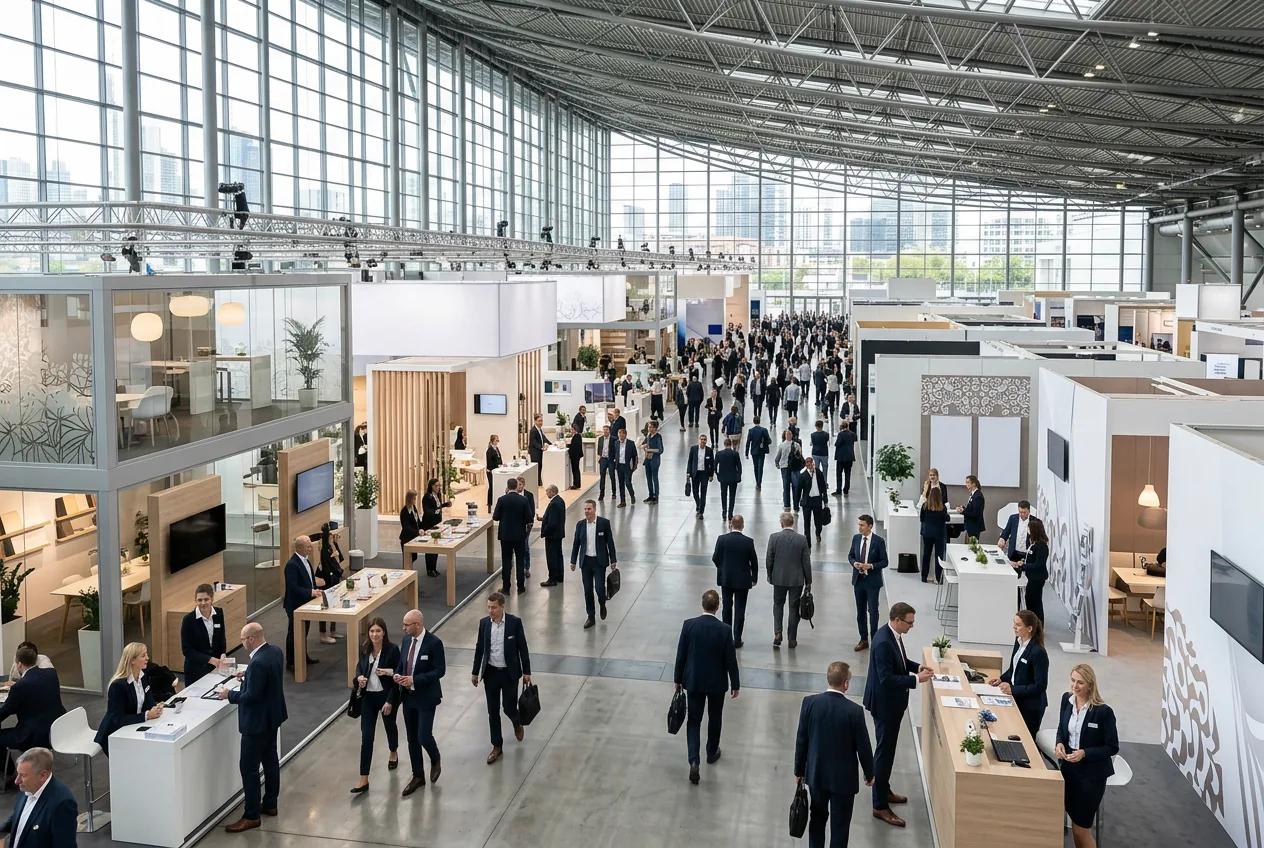 Veduta panoramica di una moderna fiera in Germania con stand e visitatori